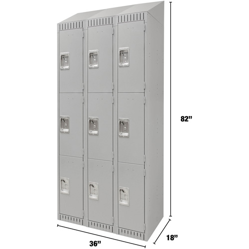 Lockers, 3 -tier, Bank of 3, 36" x 18" x 82", Steel, Grey, Knocked Down Mukwa Safety Services