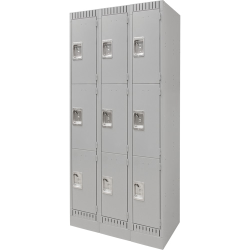 Lockers, 3 -tier, Bank of 3, 36" x 18" x 76", Steel, Grey, Knocked Down Mukwa Safety Services