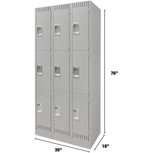 Lockers, 3 -tier, Bank of 3, 36" x 18" x 76", Steel, Grey, Knocked Down Mukwa Safety Services
