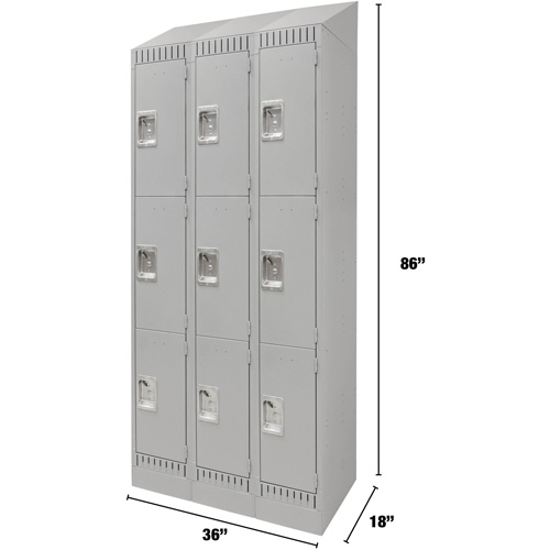 Lockers, 3 -tier, Bank of 3, 36" x 18" x 86", Steel, Grey, Knocked Down Mukwa Safety Services
