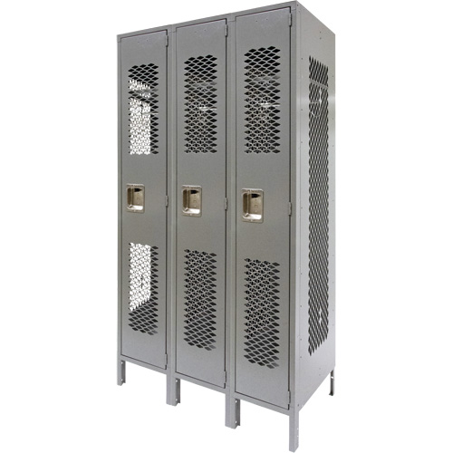 Vented Lockers, Bank of 3, 36" x 18" x 78", Steel, Grey, Knocked Down, Perforated Mukwa Safety Services