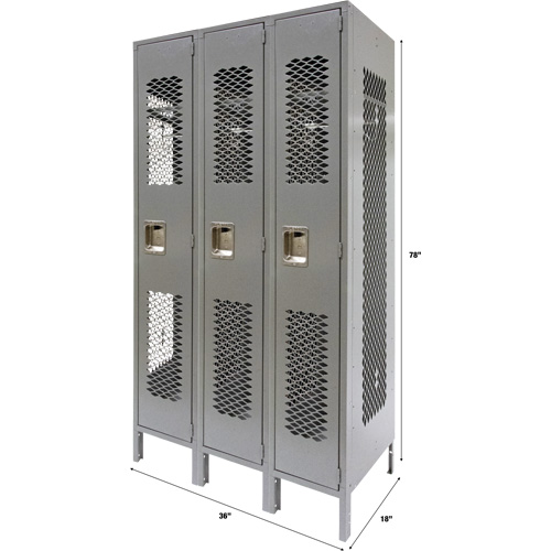 Vented Lockers, Bank of 3, 36" x 18" x 78", Steel, Grey, Knocked Down, Perforated Mukwa Safety Services