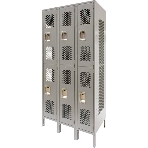 Vented Lockers, 2 -tier, Bank of 3, 36" x 18" x 78", Steel, Grey, Knocked Down, Perforated Mukwa Safety Services