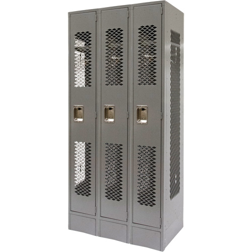 Vented Lockers, Bank of 3, 36" x 18" x 78", Steel, Grey, Knocked Down, Perforated Mukwa Safety Services