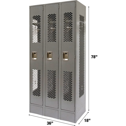 Vented Lockers, Bank of 3, 36" x 18" x 78", Steel, Grey, Knocked Down, Perforated Mukwa Safety Services