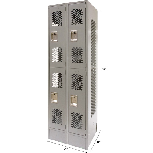 Vented Lockers, 2 -tier, Bank of 2, 24" x 18" x 78", Steel, Grey, Knocked Down, Perforated Mukwa Safety Services