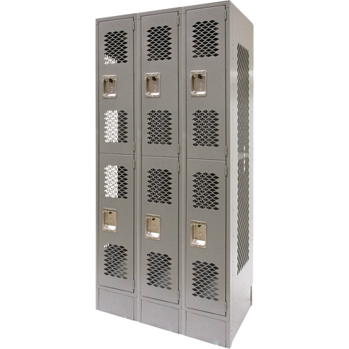 Vented Lockers, 2 -tier, Bank of 3, 36" x 18" x 78", Steel, Grey, Knocked Down, Perforated Mukwa Safety Services