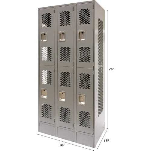 Vented Lockers, 2 -tier, Bank of 3, 36" x 18" x 78", Steel, Grey, Knocked Down, Perforated Mukwa Safety Services