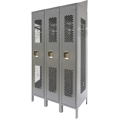 Vented Lockers, Bank of 3, 36" x 18" x 88", Steel, Grey, Knocked Down, Perforated Mukwa Safety Services