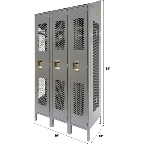 Vented Lockers, Bank of 3, 36" x 18" x 88", Steel, Grey, Knocked Down, Perforated Mukwa Safety Services