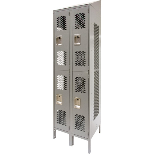 Vented Lockers, 2 -tier, Bank of 2, 24" x 18" x 88", Steel, Grey, Knocked Down, Perforated Mukwa Safety Services