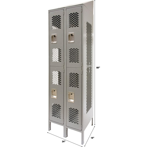 Vented Lockers, 2 -tier, Bank of 2, 24" x 18" x 88", Steel, Grey, Knocked Down, Perforated Mukwa Safety Services