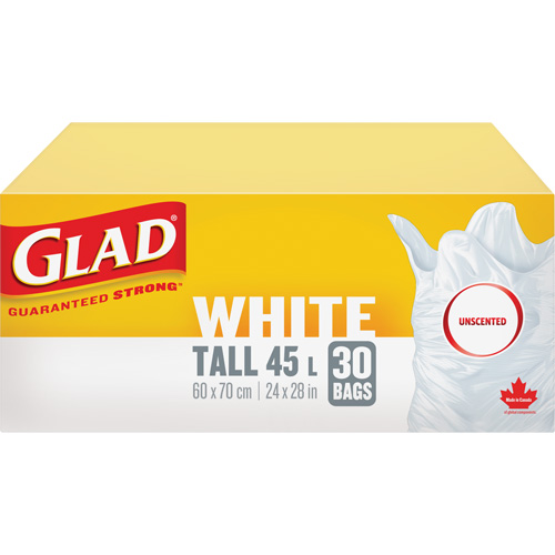 Sacs &agrave; ordures hauts 45 L sans parfum, R&eacute;gulier, 24" la x 28" lo, Blanc Mukwa Safety Services