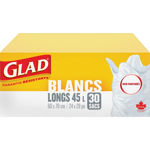 Sacs &agrave; ordures hauts 45 L sans parfum, R&eacute;gulier, 24" la x 28" lo, Blanc Mukwa Safety Services