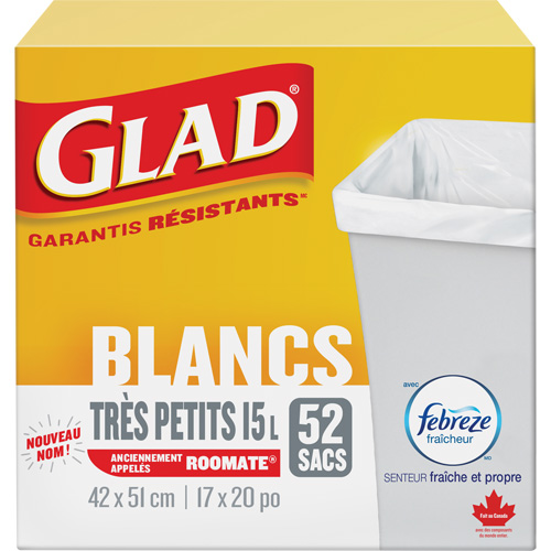 Tr&egrave;s petits sacs &agrave; ordures 15 L avec Febreze, R&eacute;gulier, 17" la x 20" lo, Blanc Mukwa Safety Services
