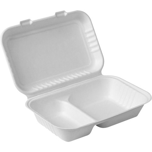 Contenants &agrave; charni&egrave;re pour nourriture compostable avec compartiments, Bagasse, Rectangulaire Mukwa Safety Services