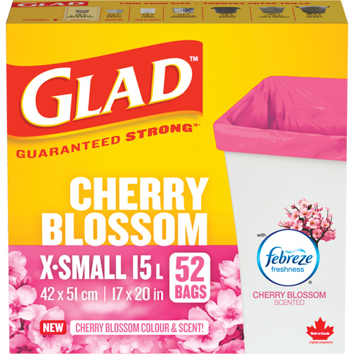Glad&reg; Cherry Blossom Coloured & Scented Bags, Strong, 17" W x 20" L, Pink, 15 L (3.96 Gal.) Capacity Mukwa Safety Services