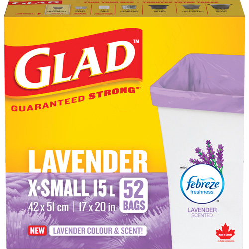 Glad&reg; Lavender Coloured & Scented Bags, Strong, 17" W x 20" L, Purple, 15 L (3.96 Gal.) Capacity Mukwa Safety Services
