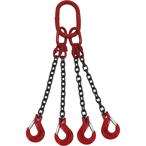 Chain Sling, Grade 100 Chain, Quadruple Legs, Oblong & Slip Hooks, 3/8" x 8' Mukwa Safety Services