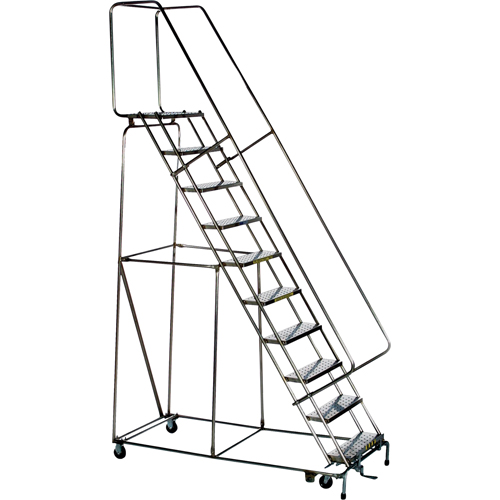 Lockstep Rolling Ladders, 9 Steps, 24" Step Width, 90" Platform Height, Stainless Steel Mukwa Safety Services