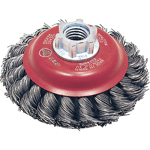 BK420T Knot Twisted Conical Brush, 4" Dia., 0.02" Fill, 5/8"-11 Arbor, Steel Mukwa Safety Services