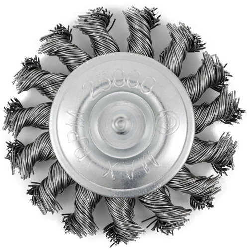 Shaft Mounted Knot Twisted Radial Brush, 3" Dia., 0.02" Fill, 1/4" Arbor, Stainless Steel Mukwa Safety Services