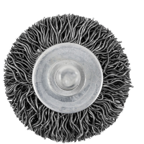 Brosse radiale &agrave; fils cr&ecirc;p&eacute;s mont&eacute; sur mandrin 126, 1-1/2", Fils 0,02", Tige 1/4" Mukwa Safety Services