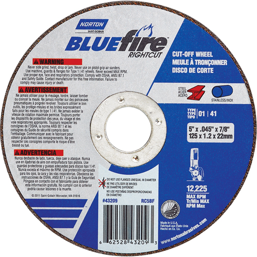 Meule a tronconner BlueFire, 4-1/2" x 0,045"/1/16", Arbre de 7/8", Type 01/41, Oxyde d'aluminium/Zirconium, 13580 Tr/min Mukwa Safety Services