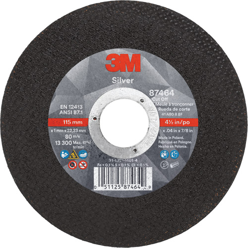 Silver Cut-Off Wheel, 4-1/2" x 0.04", 7/8" Arbor, Type 1, Ceramic, 13300 RPM Mukwa Safety Services