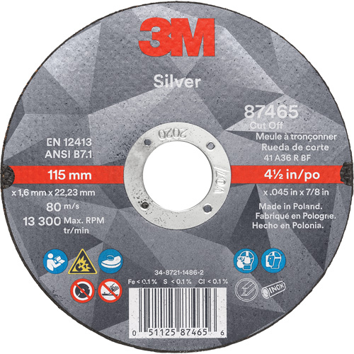Silver Cut-Off Wheel, 4-1/2" x 0.045", 7/8" Arbor, Type 1, Ceramic, 13300 RPM Mukwa Safety Services