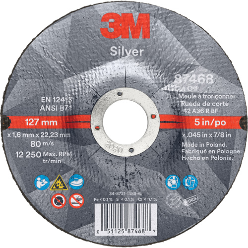 Silver Cut-Off Wheel, 5" x 0.045", 7/8" Arbor, Type 27, Ceramic, 12250 RPM Mukwa Safety Services