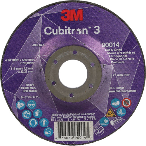 Meule &agrave; couper & tronçonner Cubitron 3, 4-1/2" x 5/32", Arbre de 7/8", Type T27, Grain de 36+, C&eacute;ramique Mukwa Safety Services