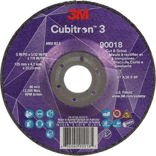 Meule &agrave; couper & tronçonner Cubitron 3, 5" x 5/32", Arbre de 7/8", Type T27, Grain de 36+, C&eacute;ramique Mukwa Safety Services