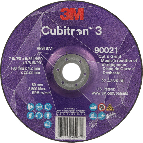 Meule &agrave; couper & tronçonner Cubitron 3, 7" x 5/32", Arbre de 7/8", Type T27, Grain de 36+, C&eacute;ramique Mukwa Safety Services