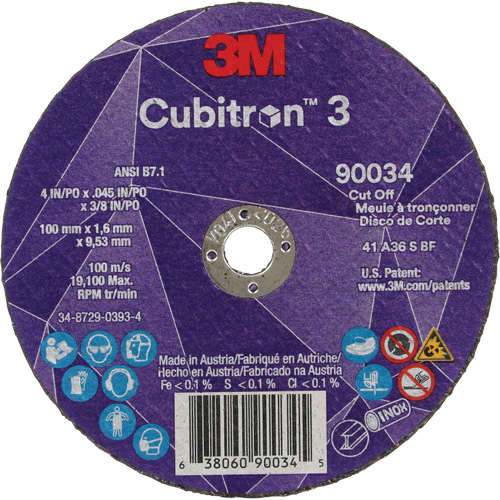 Cubitron 3 Cut-Off Wheel, 4" x 0.045", 3/8" Arbor, Type T1, Ceramic, 21000 RPM Mukwa Safety Services