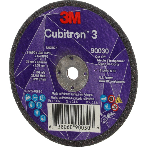 Meule &agrave; tronçonner Cubitron 3, 3" x 0,035", Arbre de 1/4", Type T1, C&eacute;ramique, 21000 Tr/min Mukwa Safety Services