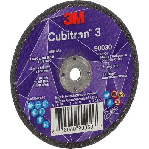 Meule &agrave; tronçonner Cubitron 3, 3" x 0,035", Arbre de 1/4", Type T1, C&eacute;ramique, 21000 Tr/min Mukwa Safety Services