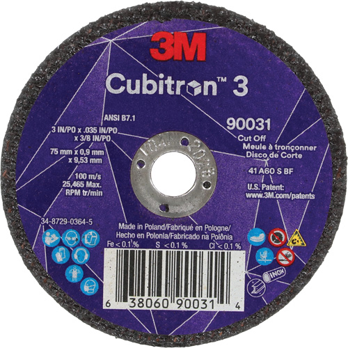 Meule &agrave; tronçonner Cubitron 3, 3" x 0,035", Arbre de 3/8", Type T1, C&eacute;ramique, 21000 Tr/min Mukwa Safety Services