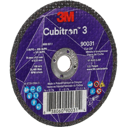 Meule &agrave; tronçonner Cubitron 3, 3" x 0,035", Arbre de 3/8", Type T1, C&eacute;ramique, 21000 Tr/min Mukwa Safety Services