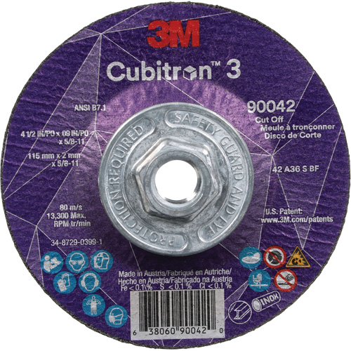 Cubitron 3 Cut-Off Wheel, 4-1/2" x 0.09", 5/8"-11 Arbor, Type T27, Ceramic, 13300 RPM Mukwa Safety Services