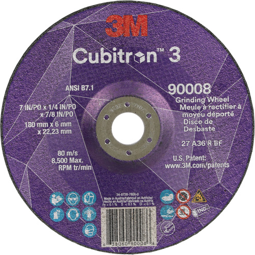 Cubitron 3 Depressed Centre Grinding Wheel, 7" x 1/4", 7/8" Arbor, Ceramic, Type T27 Mukwa Safety Services