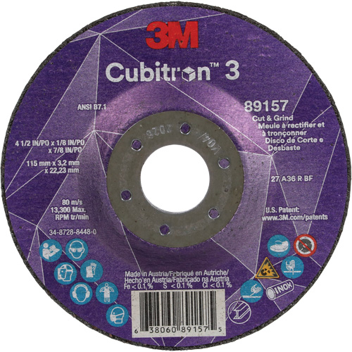 Cubitron 3 Cut and Grind Wheel, 4-1/2" x 1/8", 7/8" Arbor, Type 27, 36 Grit, Ceramic Mukwa Safety Services