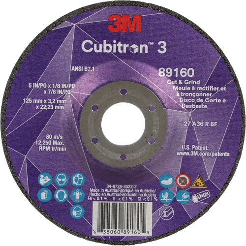 Cubitron 3 Cut and Grind Wheel, 5" x 1/8", 7/8" Arbor, Type 27, 36 Grit, Ceramic Mukwa Safety Services