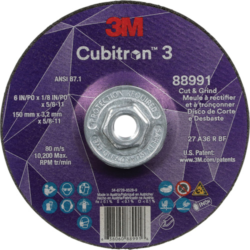 Meule &agrave; rectifier et &agrave; tronçonner Cubitron 3, 6" x 1/8", Arbre de 5/8"-11, Type 27, Grain de 36, C&eacute;ramique Mukwa Safety Services