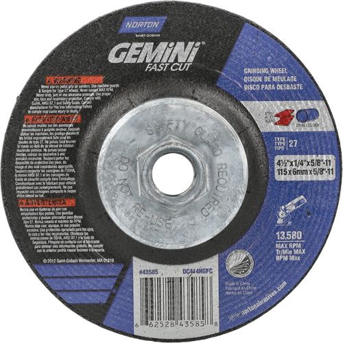 Gemini Grinding Wheel, 4-1/2" x 1/4", 5/8"-11 Arbor, Aluminum Oxide, Type 27 Mukwa Safety Services