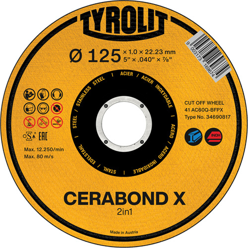 Meule &agrave; tronçonner Cerabond X, 5" x 0,04", Arbre de 7/8", C&eacute;ramique Mukwa Safety Services