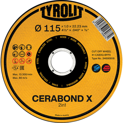 CA60Q-BFPX CERABOND X Cut-Off Wheel, 4-1/2" x 0.039", 7/8" Arbor, Type 1 Mukwa Safety Services