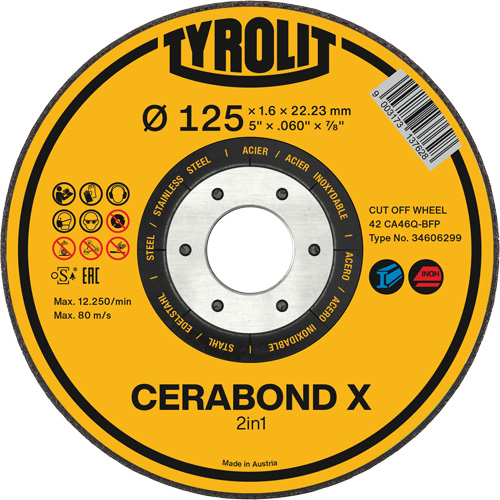 CERABOND X Cut-Off Wheel for Steel & Stainless Steel, 5" x 0.45", 7/8" Arbor, Type 1, Ceramic, 12250 RPM Mukwa Safety Services