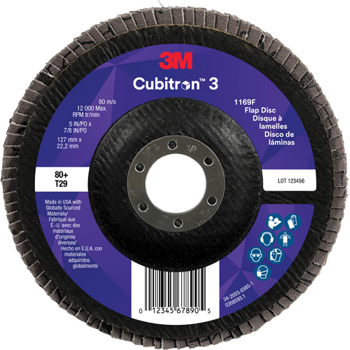 Disque &agrave; lamelles conique 1169F Cubitron 3, 5" x 7/8", Type T29, Grain 80+, C&eacute;ramique Mukwa Safety Services