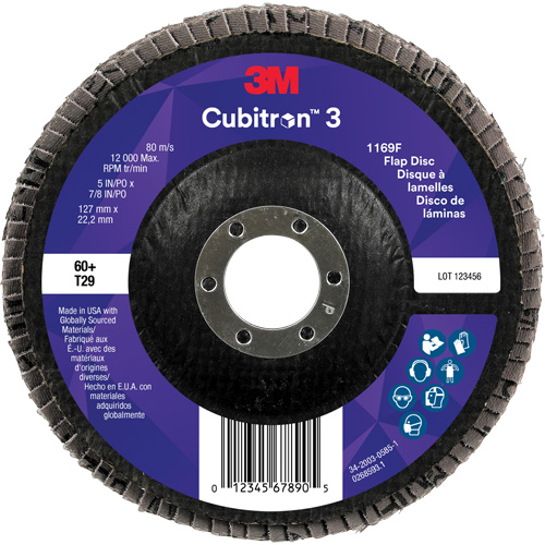 Disque &agrave; lamelles conique 1169F Cubitron 3, 5" x 7/8", Type T29, Grain 60+, C&eacute;ramique Mukwa Safety Services